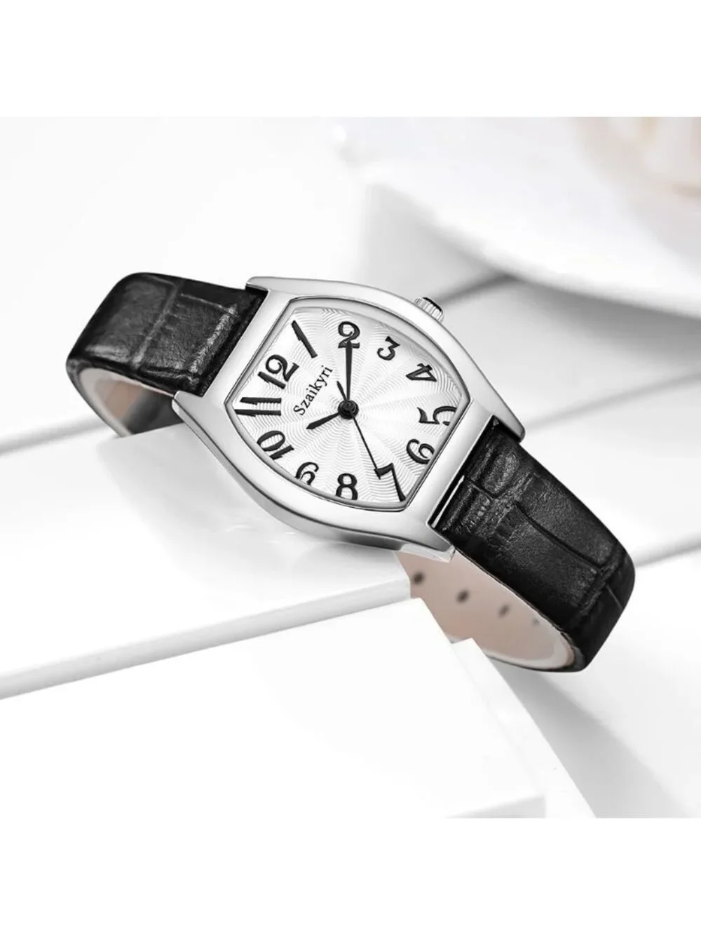 Women's Black-Silver Barrel-Shaped Easy Read Arabic Numerals Dress Wrist Watch